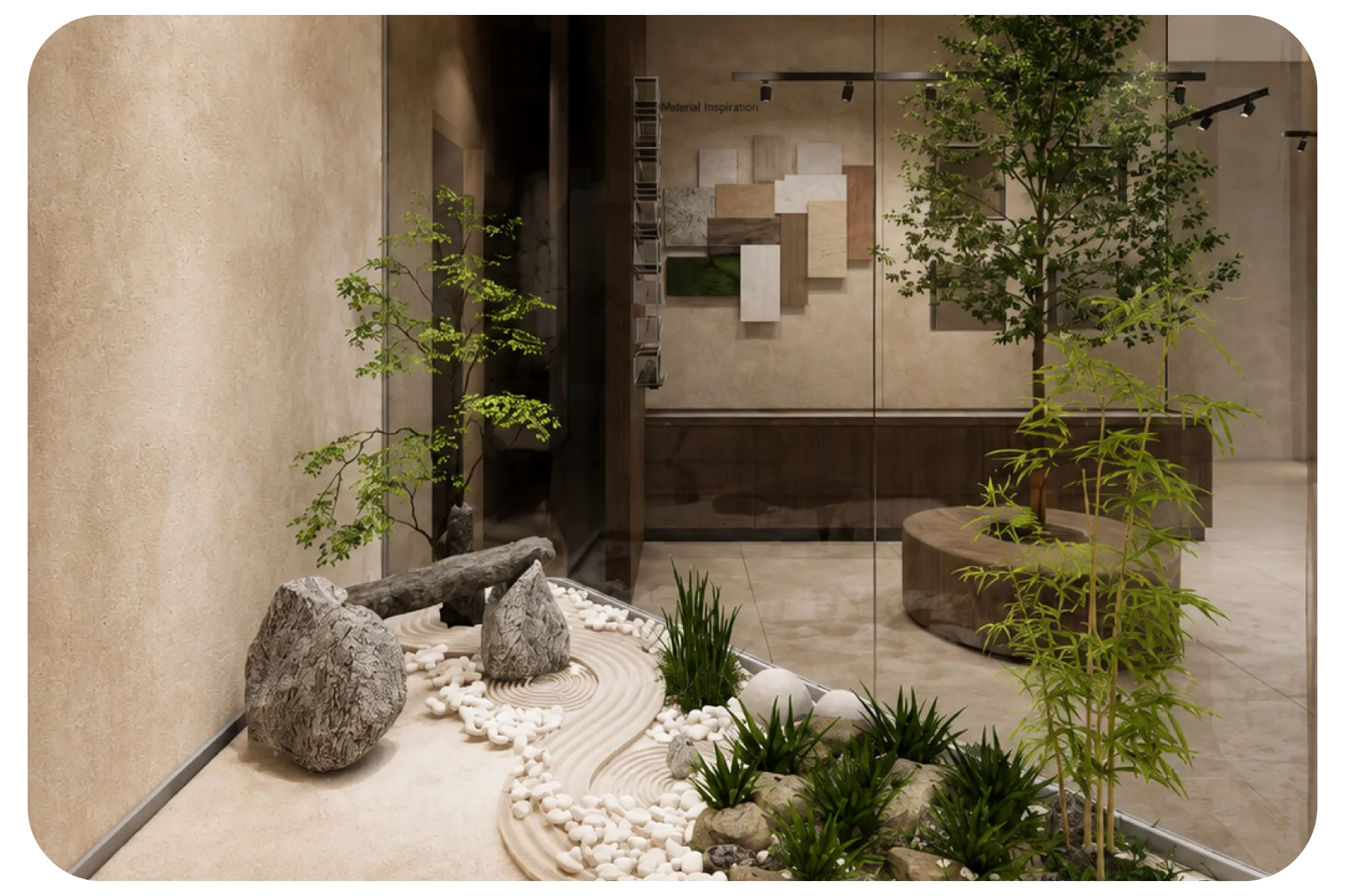 Living green wall behind a workspace at the Gamlaa Experience Center