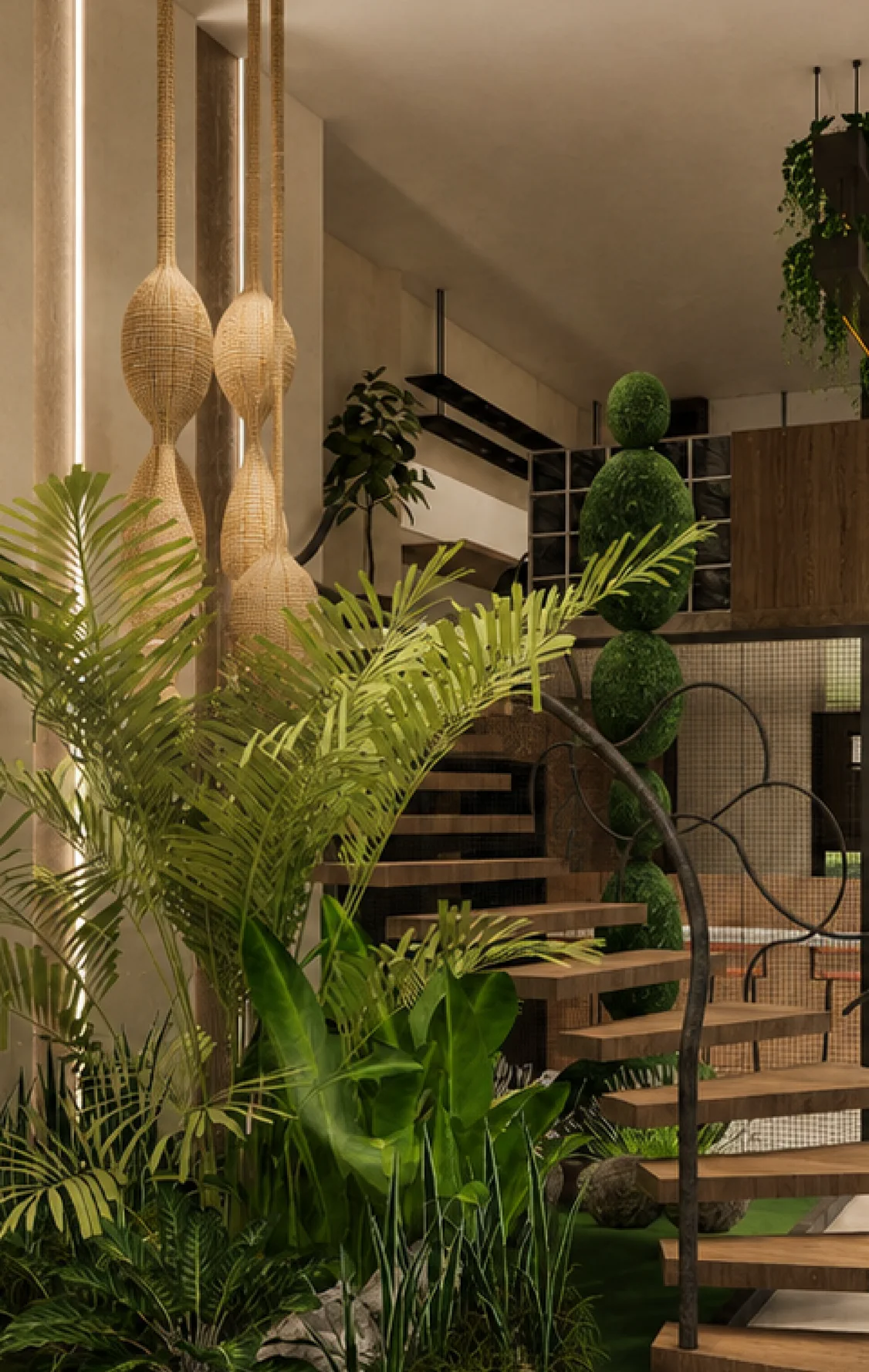 Planted staircase and framed moss art at the Gamlaa Experience Center, Bengaluru