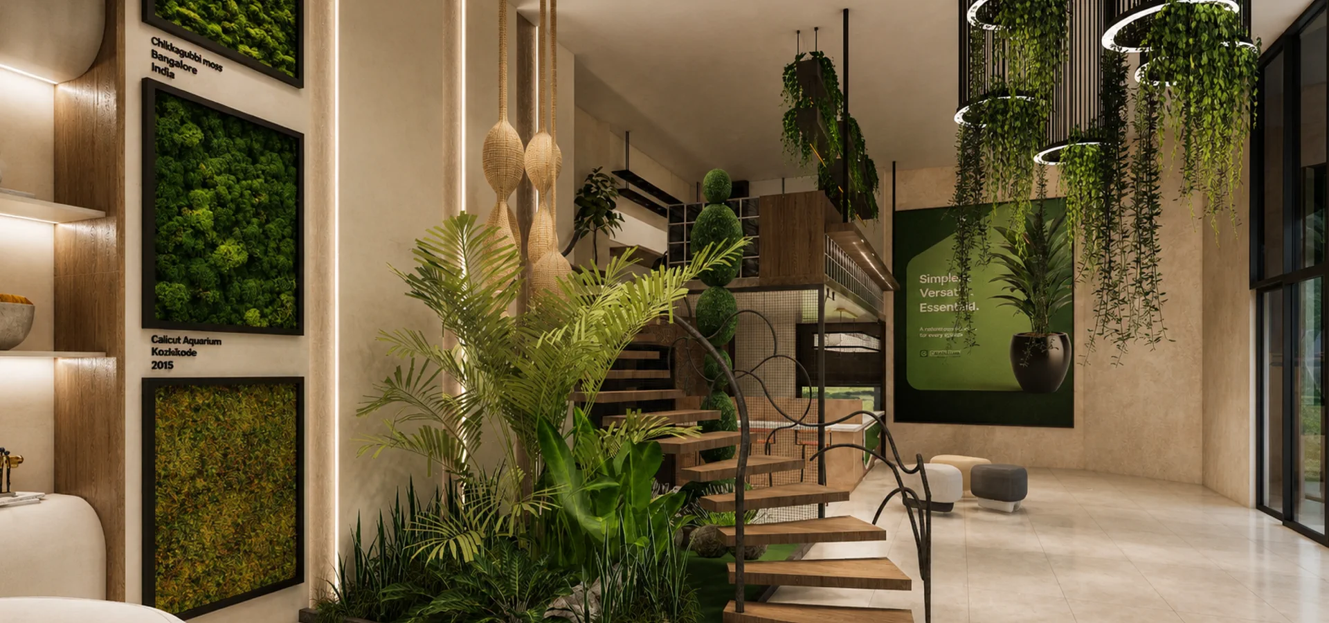 Planted staircase and framed moss art at the Gamlaa Experience Center, Bengaluru